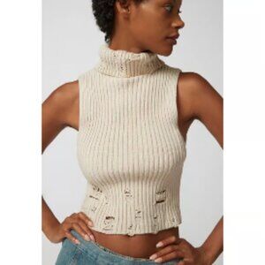 BDG URBAN OUTFITTERS Beige Distressed Funnel Neck Sleeveless Women Sweater Sz L